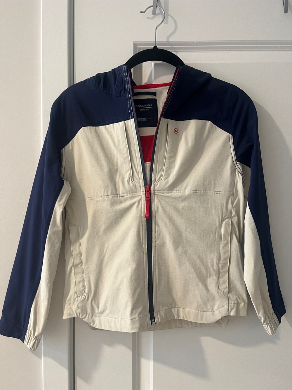 Vineyard Vines Kids Two-Tone Hooded Raincoat in Navy & Cream with Red Trim